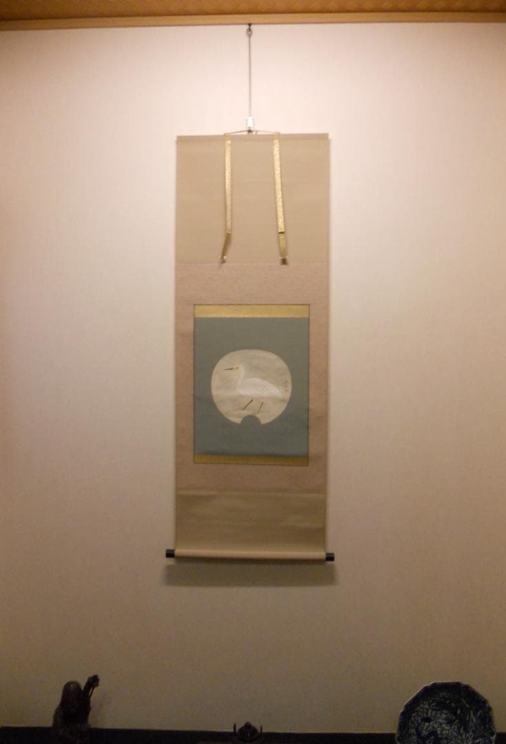 掛け軸 奥村土牛 白鷺 団扇扇面 希少 軸装 茶道具 掛軸 美品 です。