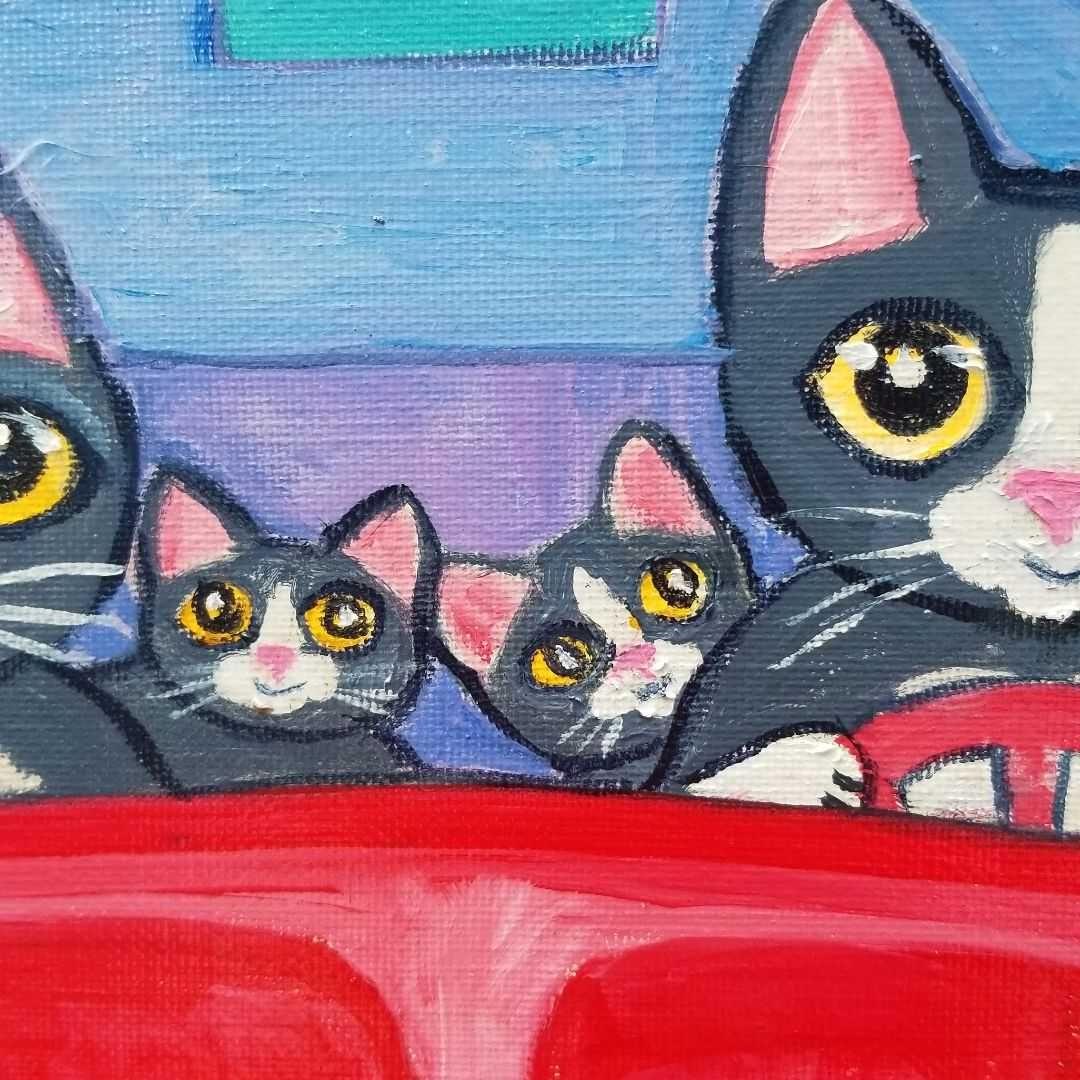 油絵　専用　ドライブに出発する猫の家族