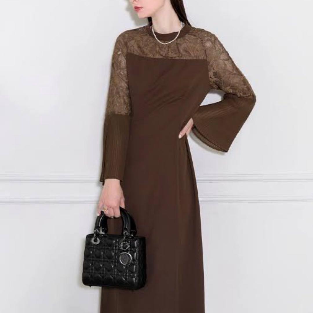 タグ付き　LEja レーススリットAラインロングワンピースドレス　BROWN
