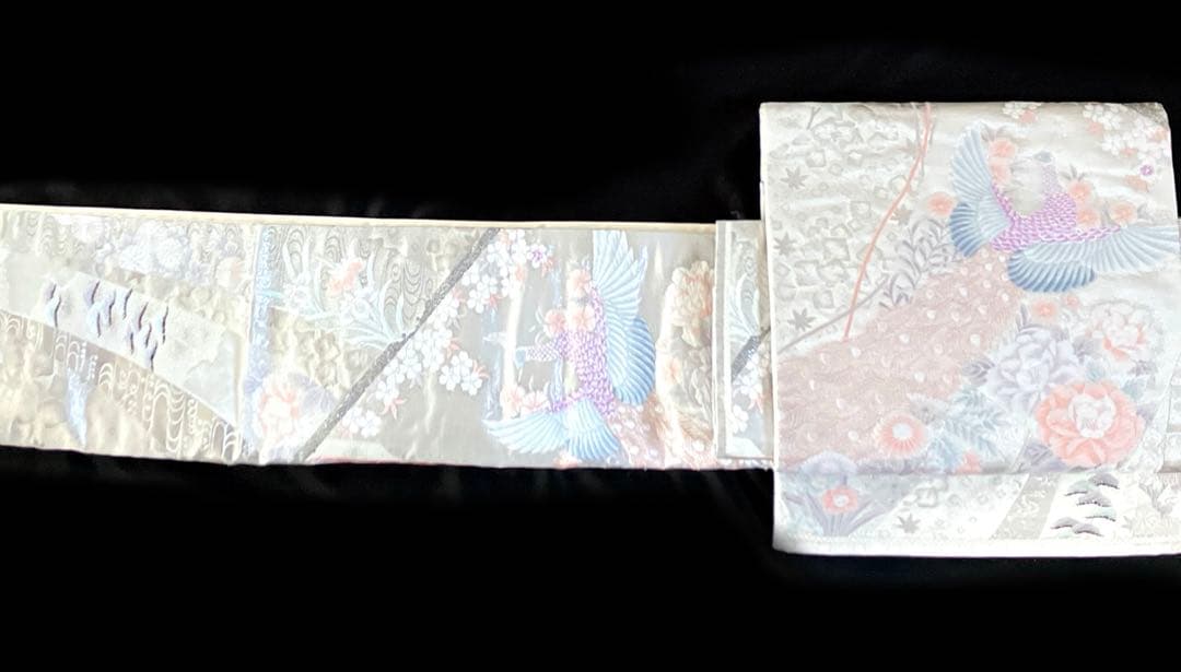 袋帯　ワンタッチ作り帯　マジックテープ【熨斗花鳥文】二重太鼓　付け帯　正絹　刺繍