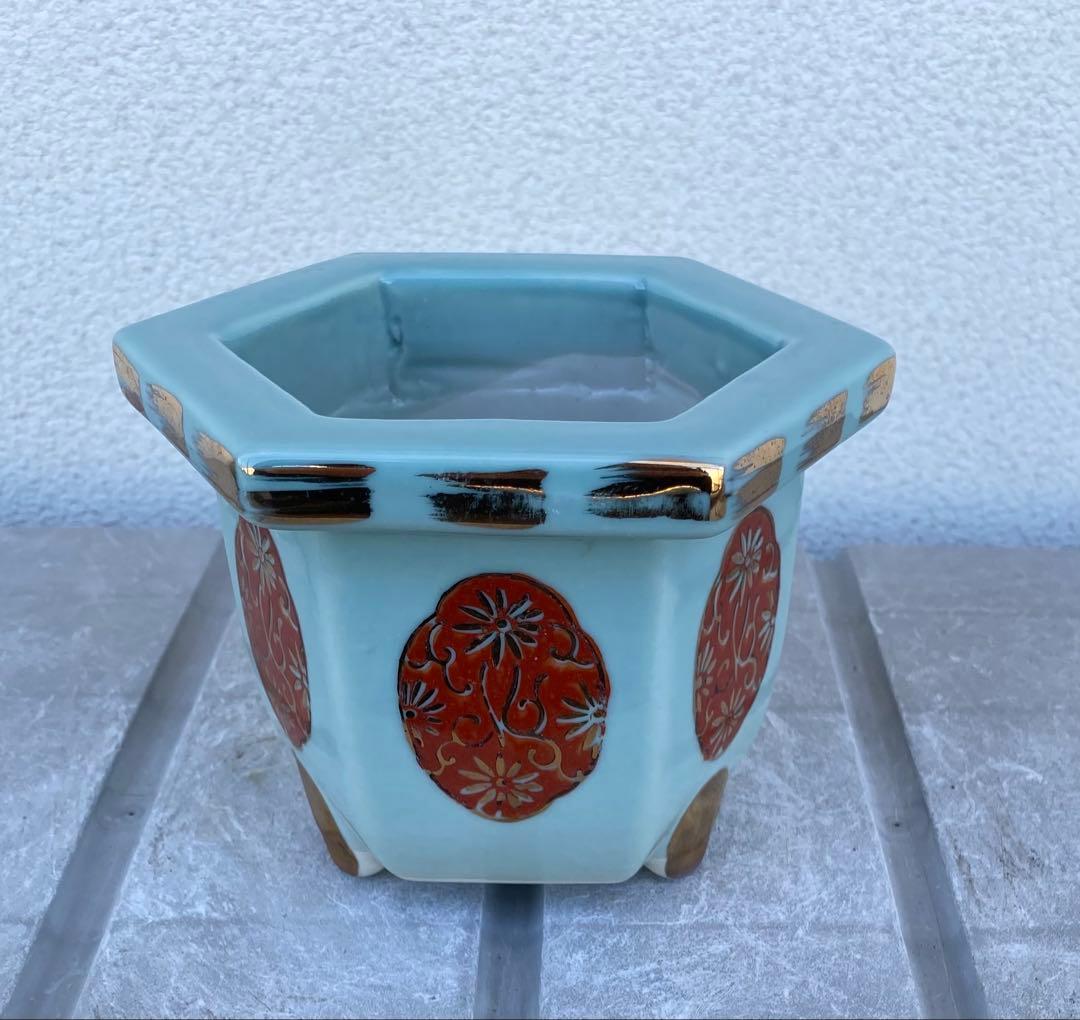 尾張焼 瀬戸焼 青磁 金彩 六角 盆栽鉢 盆栽 植木鉢