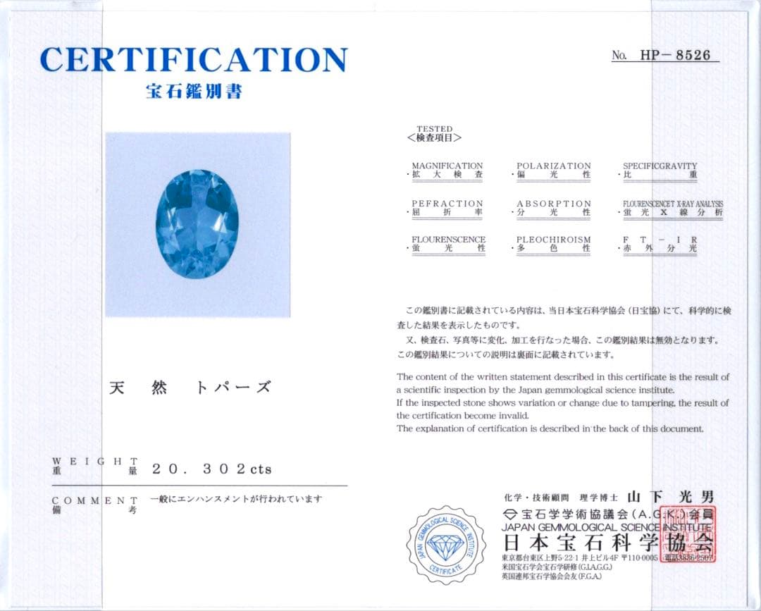 宝石ルース　【全てがNo1高品質】天然スイスブルートパーズ20.3カラット 鑑付