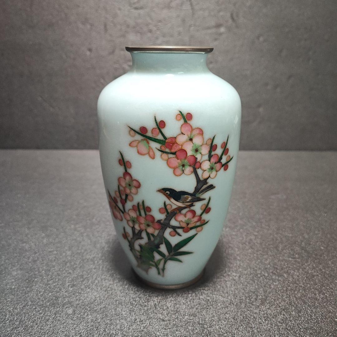時代 戦前七宝 七宝焼 竹梅鶯図花瓶 花入 花生 花器 金属工芸 美品