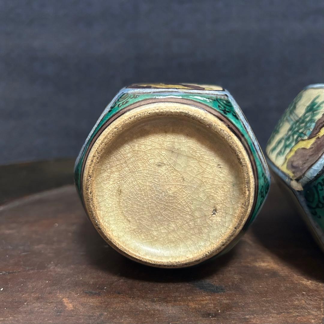 群馬県からの蔵出品　江戸〜明治期頃　青手面取窓絵九谷徳利　一対　無傷　本物保証