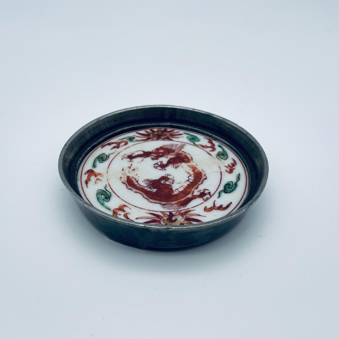 【明】五彩 龍紋包錫 茶托 共仕覆 景徳鎮 中国美術 中国古玩