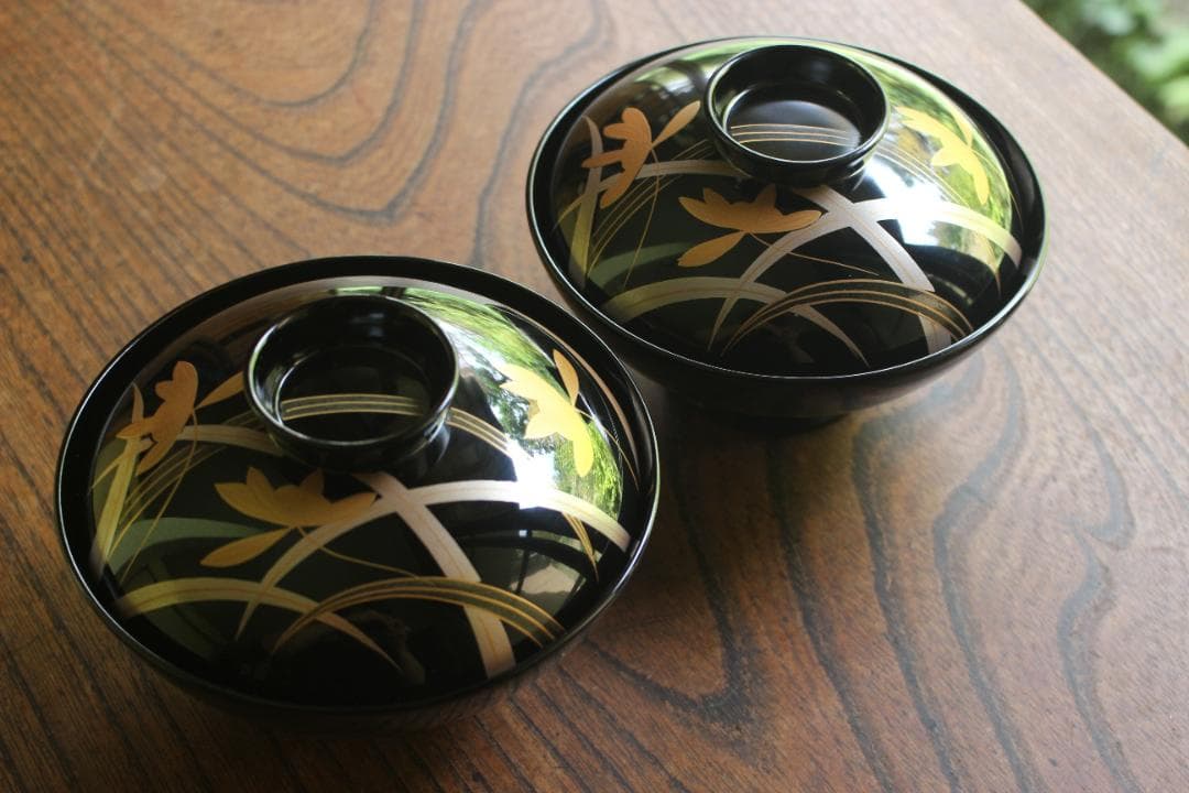 デッドストック！端正な黒漆に極上蘭蒔絵の美しいお椀2点（検輪島塗蒔絵椀雑煮椀