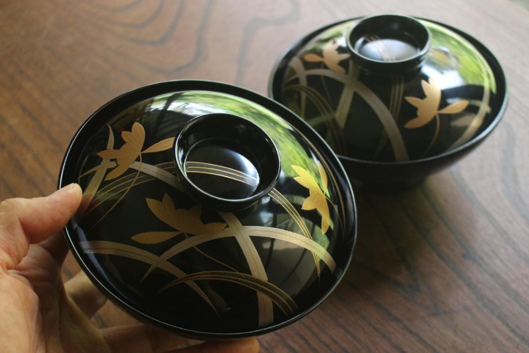 デッドストック！端正な黒漆に極上蘭蒔絵の美しいお椀2点（検輪島塗蒔絵椀雑煮椀