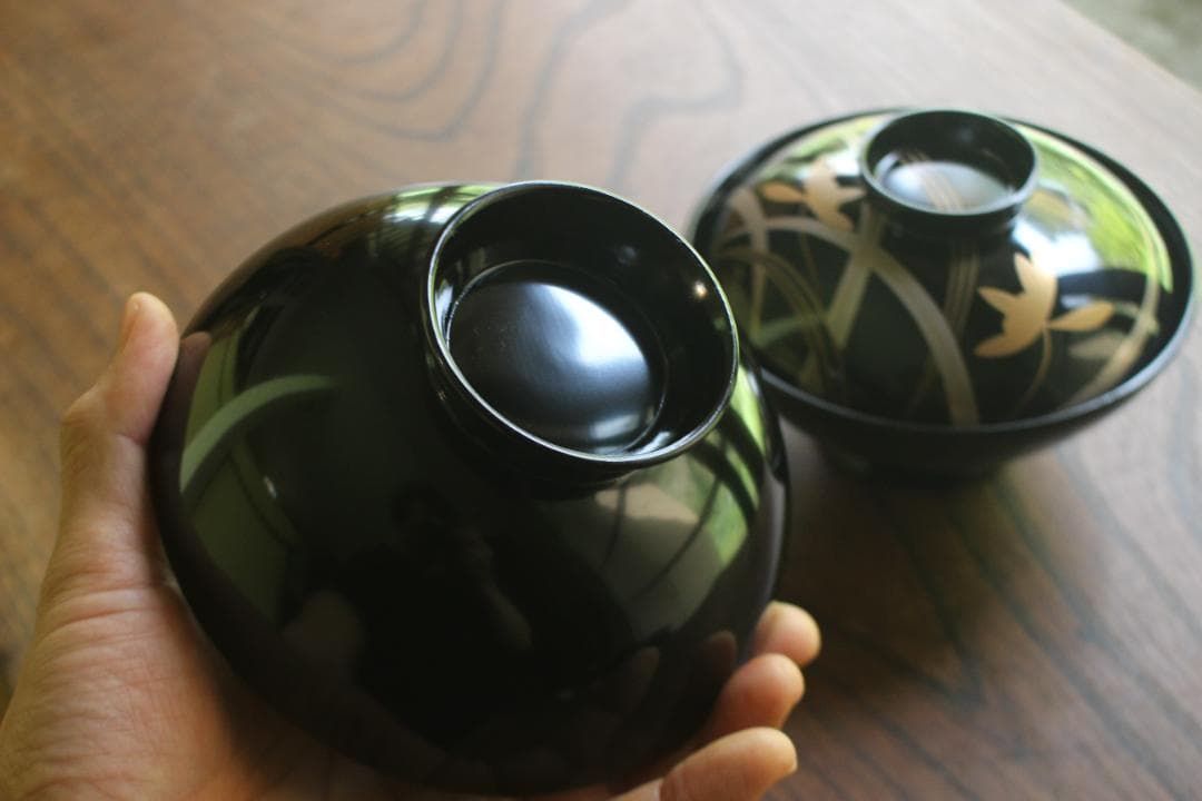 デッドストック！端正な黒漆に極上蘭蒔絵の美しいお椀2点（検輪島塗蒔絵椀雑煮椀