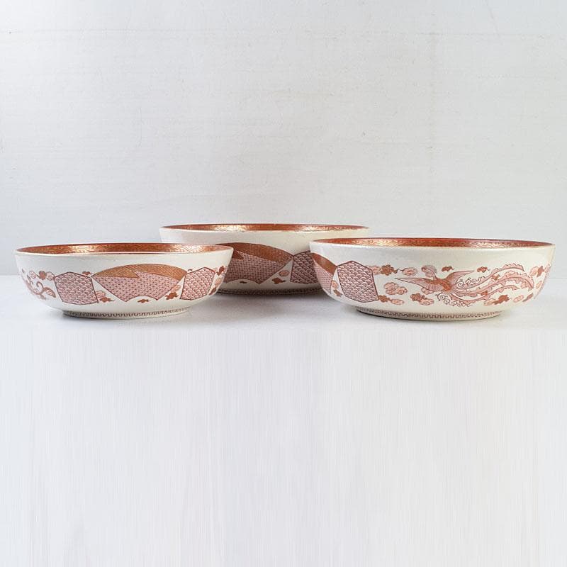 九谷焼　古九谷　赤絵八郎手　龍文　三つ組入れ子　菓子鉢　時代箱　G　R9171H