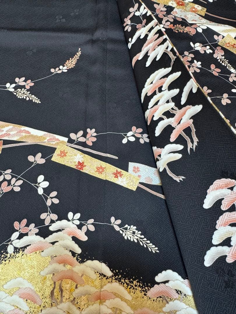【極美品】京都染匠名門「染の川勝謹製」黒地「松萩文様 舞扇文様」手描き京友禅