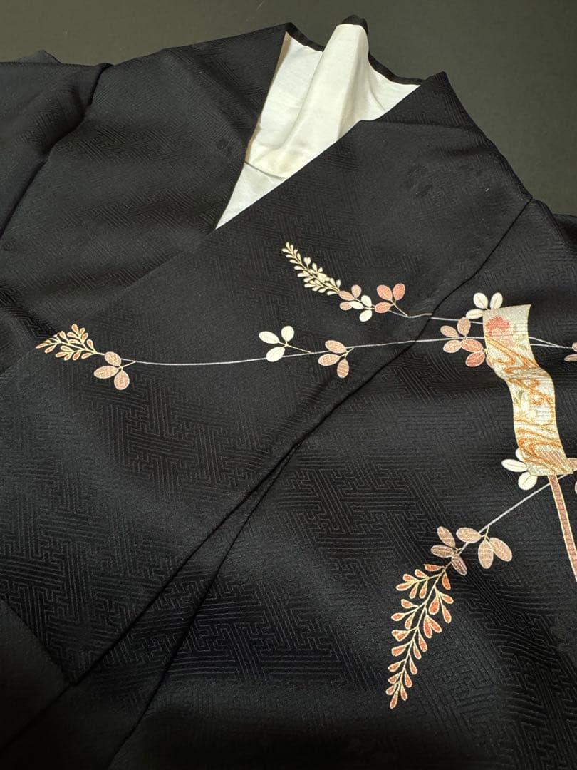 【極美品】京都染匠名門「染の川勝謹製」黒地「松萩文様 舞扇文様」手描き京友禅