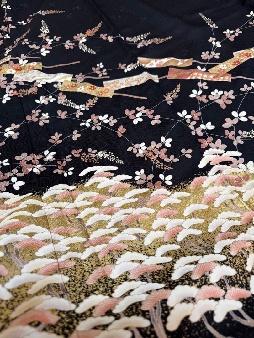 【極美品】京都染匠名門「染の川勝謹製」黒地「松萩文様 舞扇文様」手描き京友禅