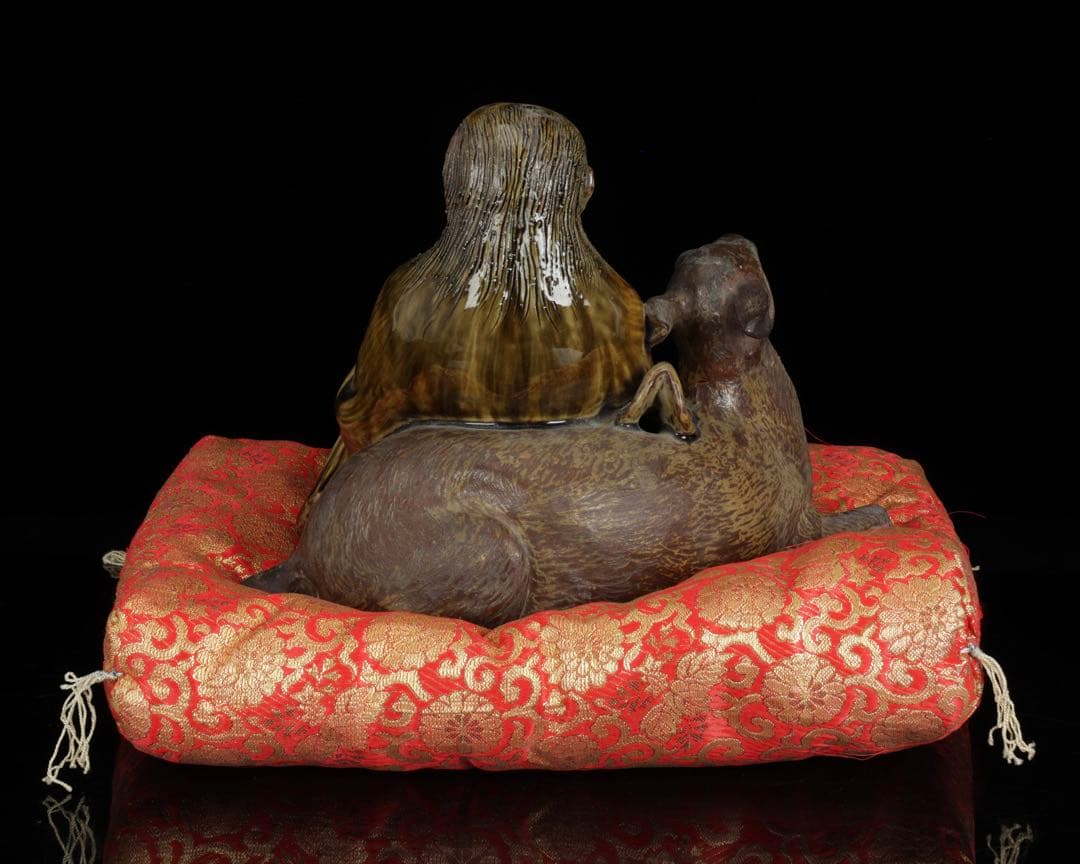 【古高取焼】鹿寿老像 七福神 長寿神 福禄寿 縁起物 置物 陶磁器 古作 共箱付