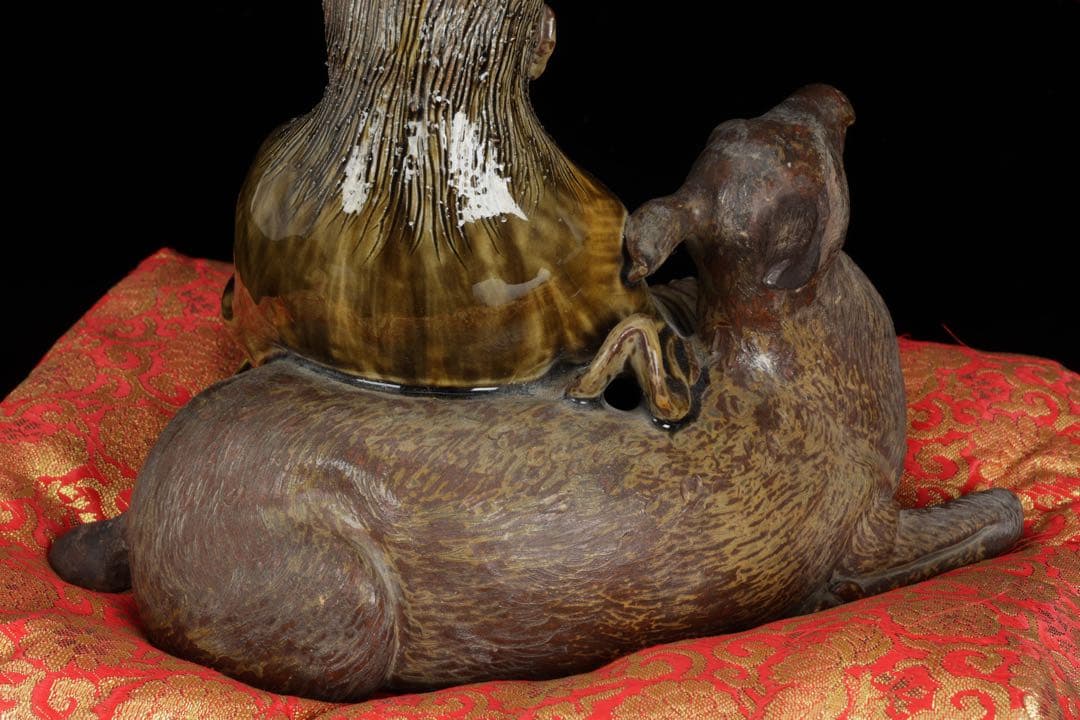 【古高取焼】鹿寿老像 七福神 長寿神 福禄寿 縁起物 置物 陶磁器 古作 共箱付