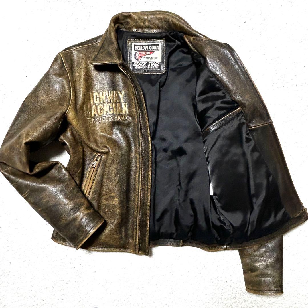 YeLLOW CORN シングルライダース 金刺繍 ロゴ ワッペン ブラウン L