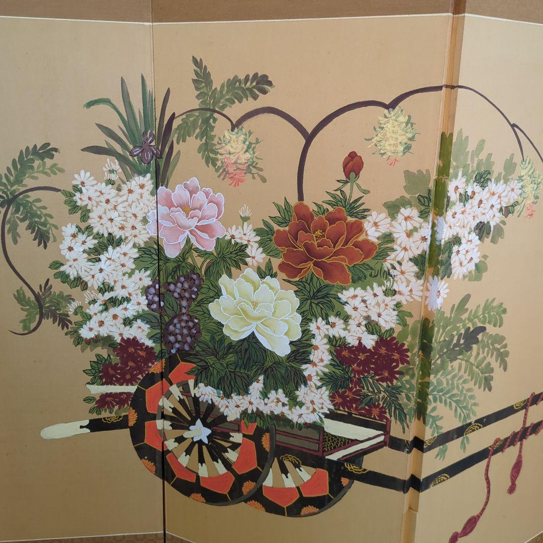 屏風 御所車 牡丹 衝立 間仕切り 手描き 折りたたみ 紙箱 ディスプレイ
