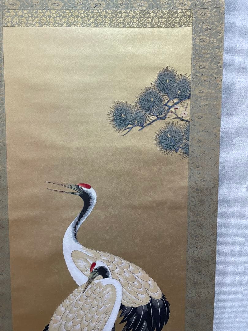西陣織掛け軸　螺鈿双鶴　佐藤重教作　純金糸使用　美品　68万の品