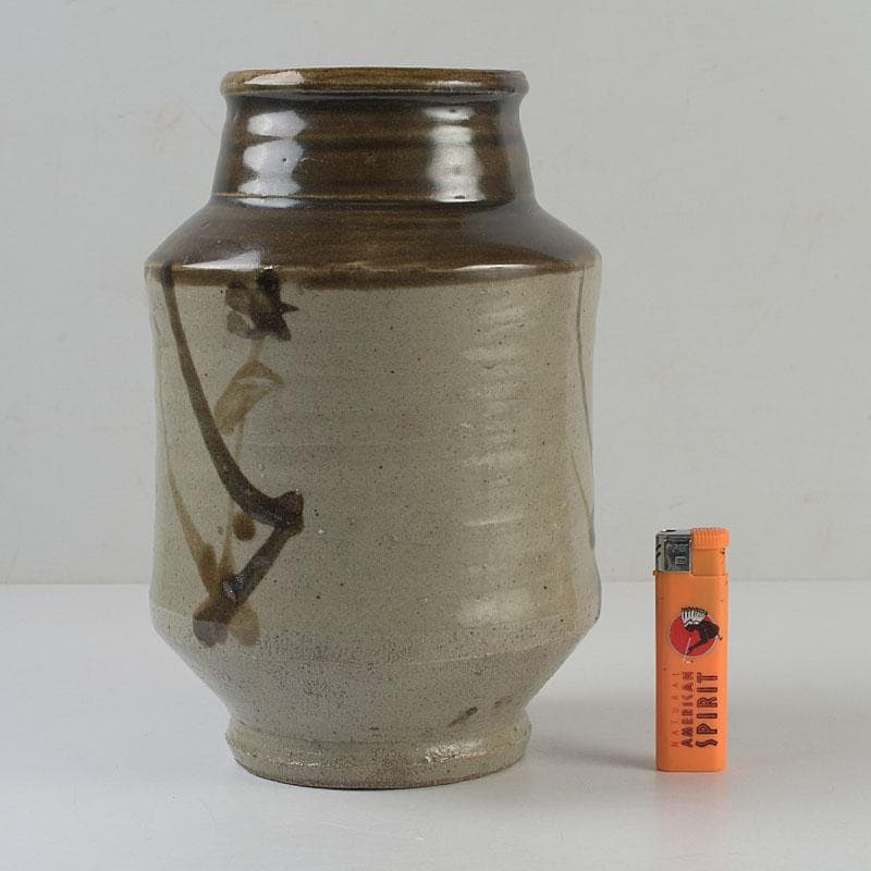 人間国宝　濱田庄司作　鐵絵花瓶　共布共箱　M　R9136H