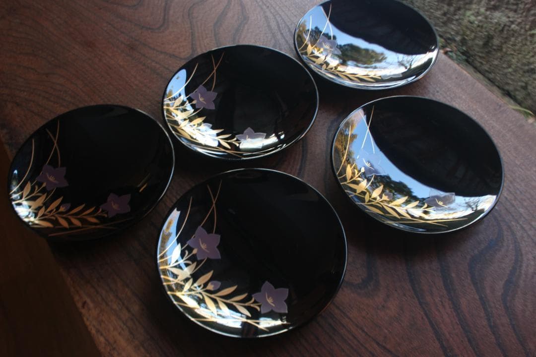 デッドストック！上質黒漆に優美な桔梗蒔絵の映える銘々皿5点（検輪島塗銘々皿蒔絵皿