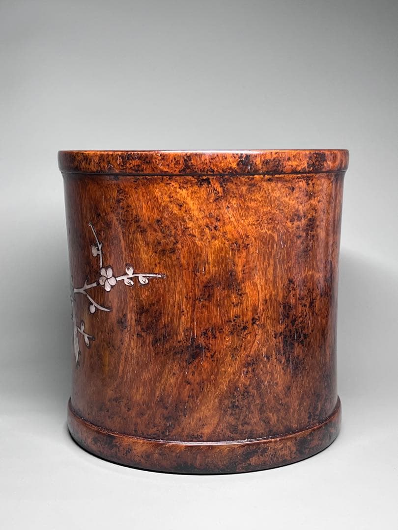 古美術　唐木　黄花梨　筆筒　筆立　螺鈿花紋　文房具　木製　置物　時代物　旧蔵