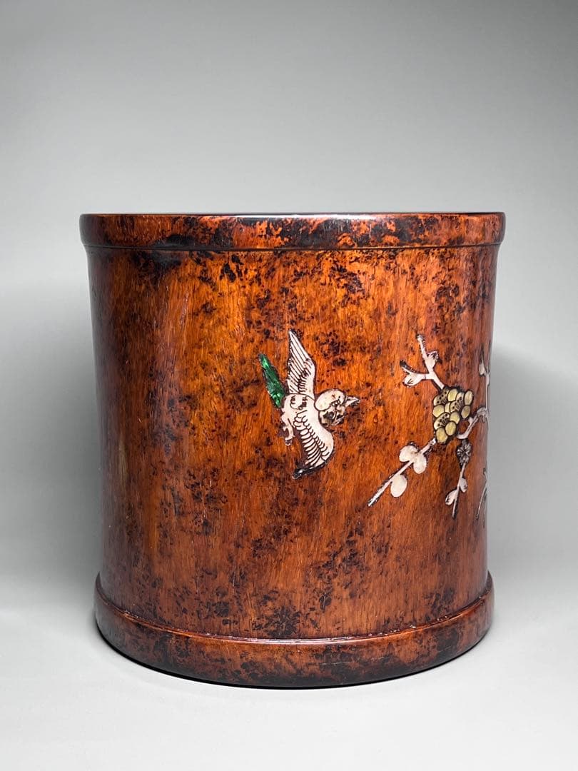 古美術　唐木　黄花梨　筆筒　筆立　螺鈿花紋　文房具　木製　置物　時代物　旧蔵