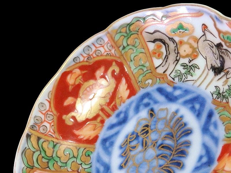 古伊万里　金襴手　松竹梅に双鶴　花の図　豆皿　E893AS-CTs