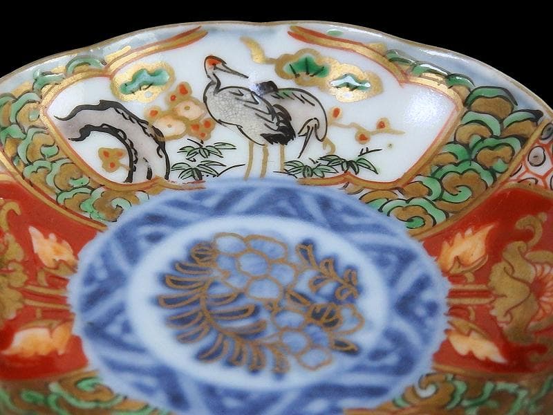 古伊万里　金襴手　松竹梅に双鶴　花の図　豆皿　E893AS-CTs