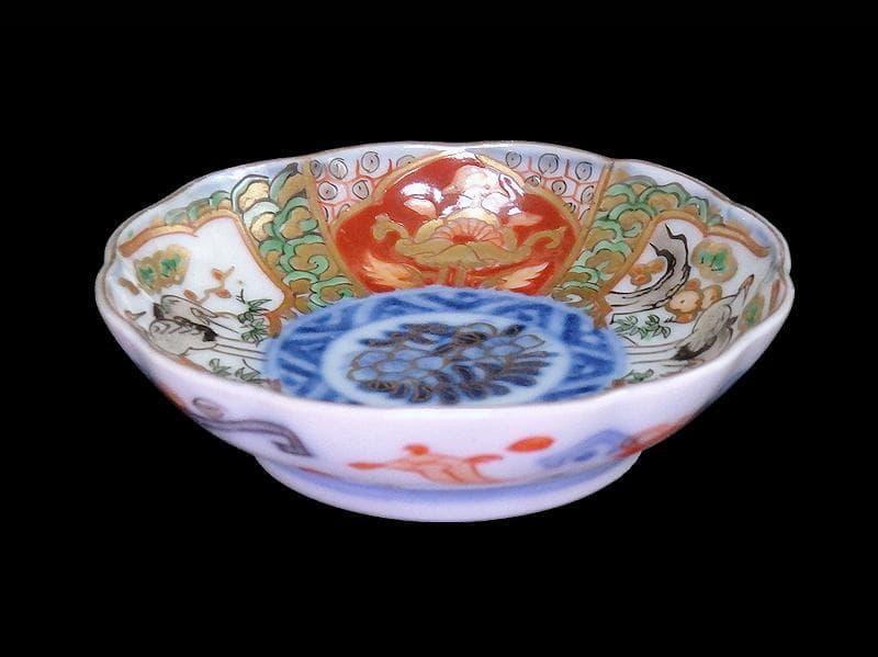 古伊万里　金襴手　松竹梅に双鶴　花の図　豆皿　E893AS-CTs