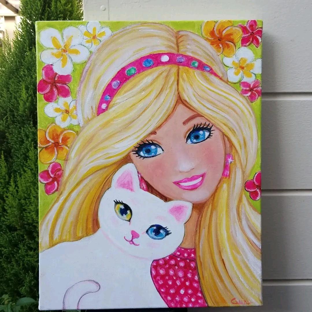 油絵　マミ　白猫とバービーちゃんのような私とプルメリア