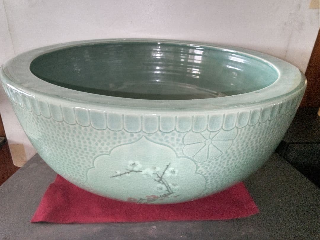 大型　青磁　睡蓮鉢　水鉢