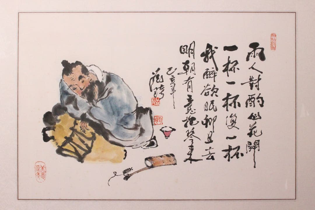 No4580 扁額装　墨彩画　人物図　書画　在銘　落款　肉筆紙本　絵画　送料無料