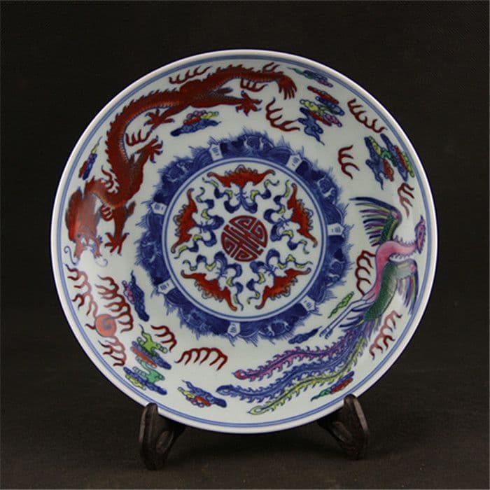 清雍正青花斗彩龍鳳図磁器皿  景徳鎮 陶磁器 装飾品 現代工芸品 美術品 置物