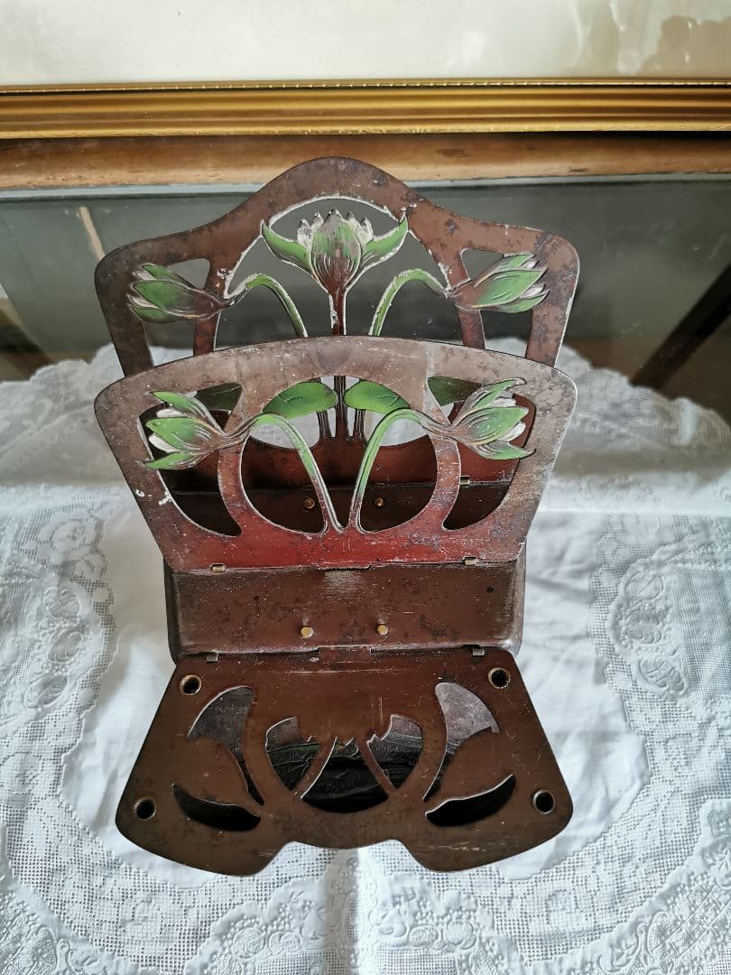 アンティークドイツ アールヌーヴォー ロータス 白水蓮レリーフ折畳レタースタンド