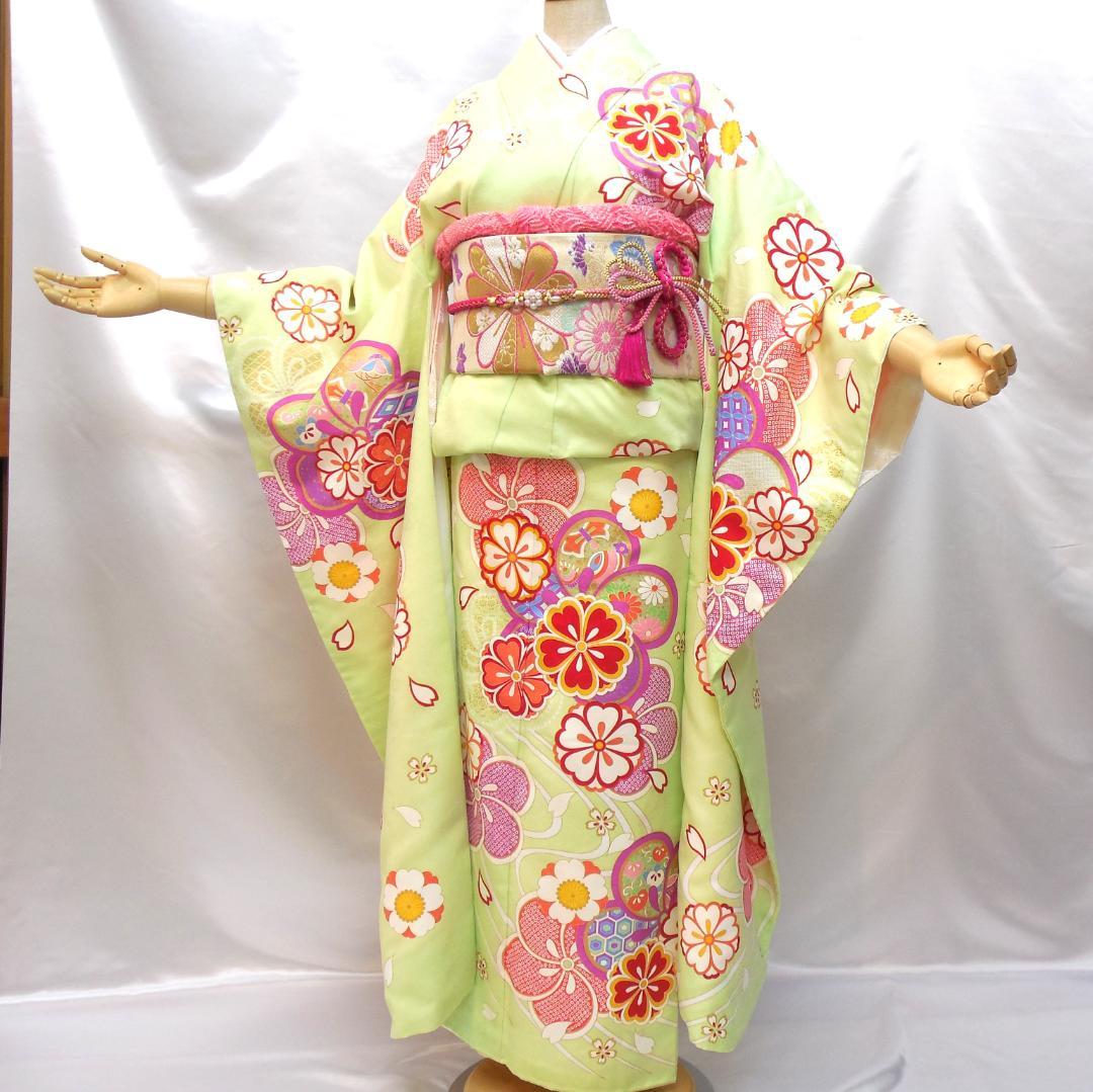 未使用品★洗える振袖　振袖フルセット　成人式　振袖　Ｌサイズ　トール　黄緑　花柄