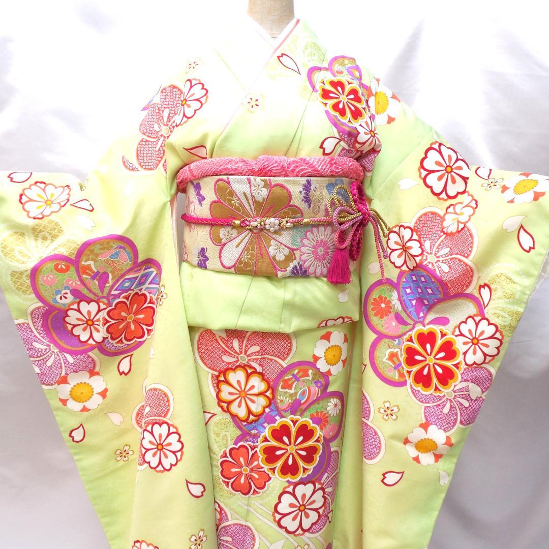 未使用品★洗える振袖　振袖フルセット　成人式　振袖　Ｌサイズ　トール　黄緑　花柄