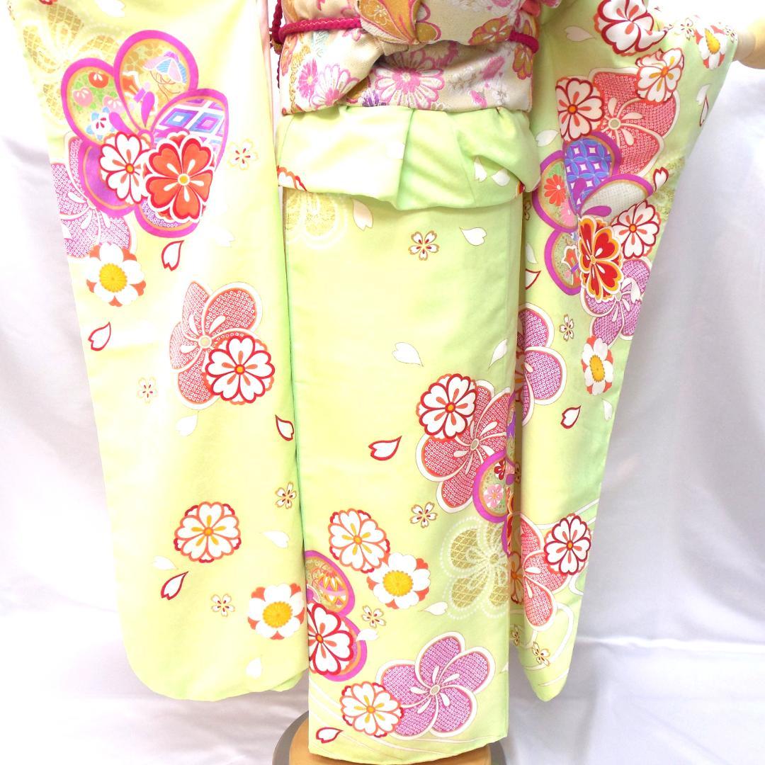 未使用品★洗える振袖　振袖フルセット　成人式　振袖　Ｌサイズ　トール　黄緑　花柄