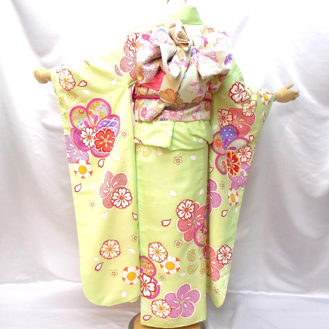 未使用品★洗える振袖　振袖フルセット　成人式　振袖　Ｌサイズ　トール　黄緑　花柄