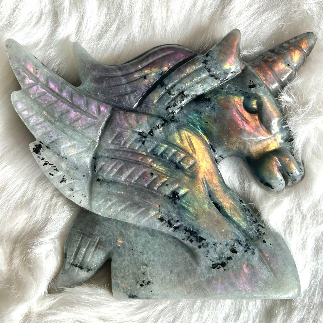 【 ラブラドライト ユニコーン ペガサス 彫物 鉱物 インテリア ユニサス　】