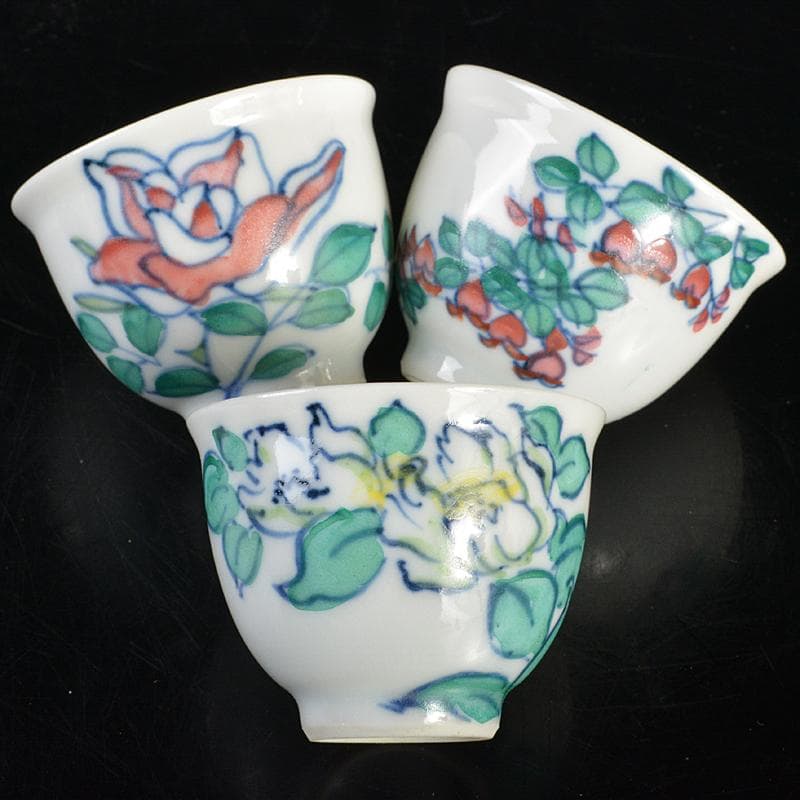 京焼　平安七甫作　色絵　模様絵変わり　花文　玉露碗　六客　共箱　M　R6838