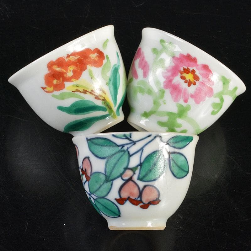 京焼　平安七甫作　色絵　模様絵変わり　花文　玉露碗　六客　共箱　M　R6838