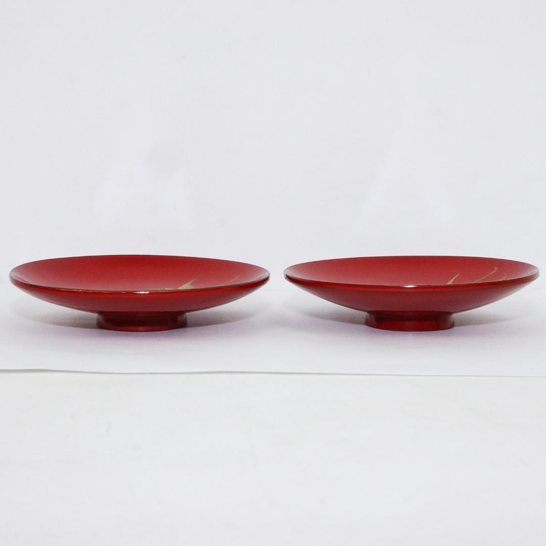 漆芸 絵変わり 鶴亀 鶴 金蒔絵 朱塗引盃 三十客 木皿 箱付き