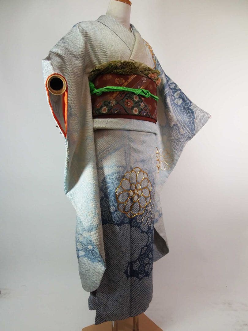 総絞り　振袖フルセット　袋帯　長襦袢　帯揚げ　帯締め絹のダイヤモンド　やや難あり