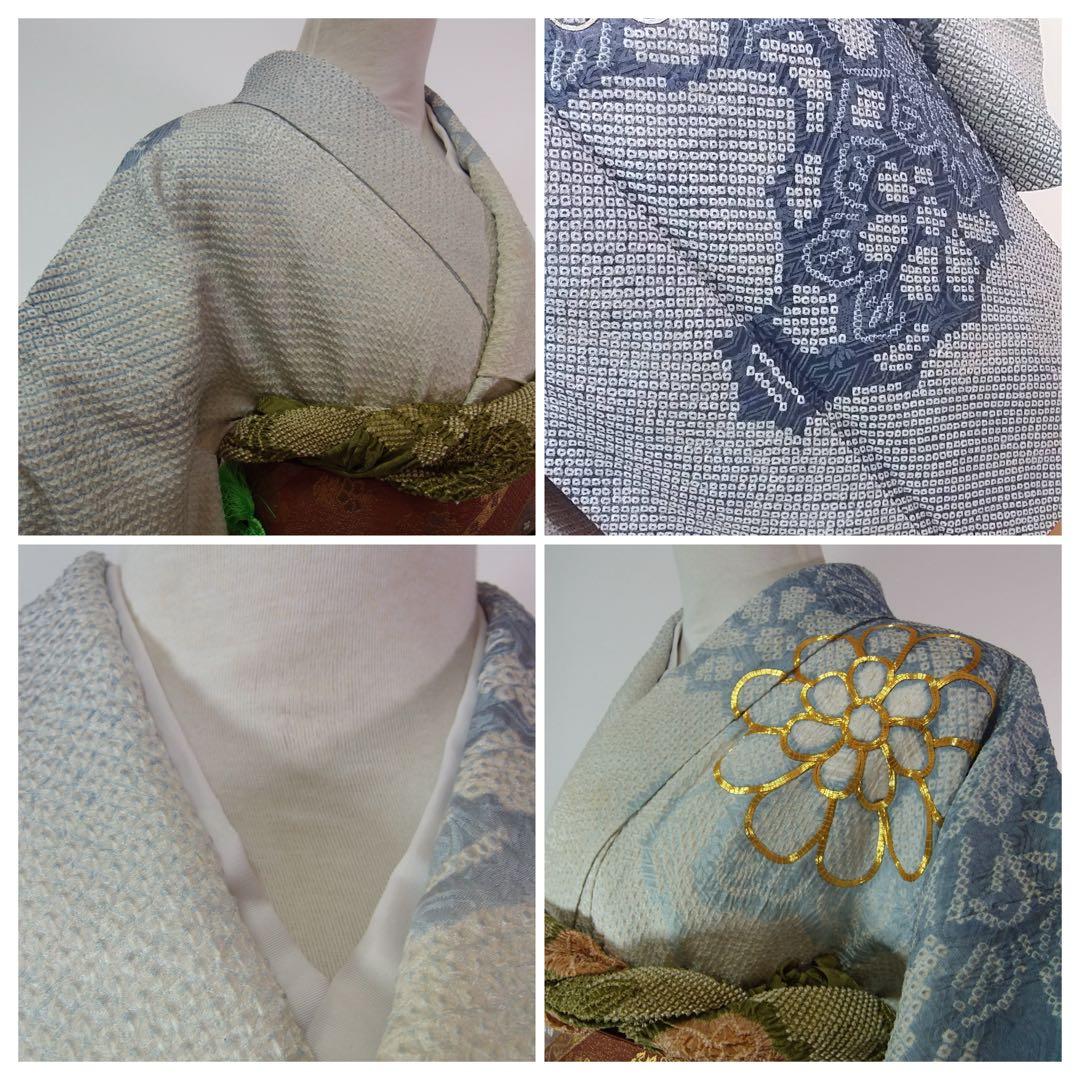 総絞り　振袖フルセット　袋帯　長襦袢　帯揚げ　帯締め絹のダイヤモンド　やや難あり