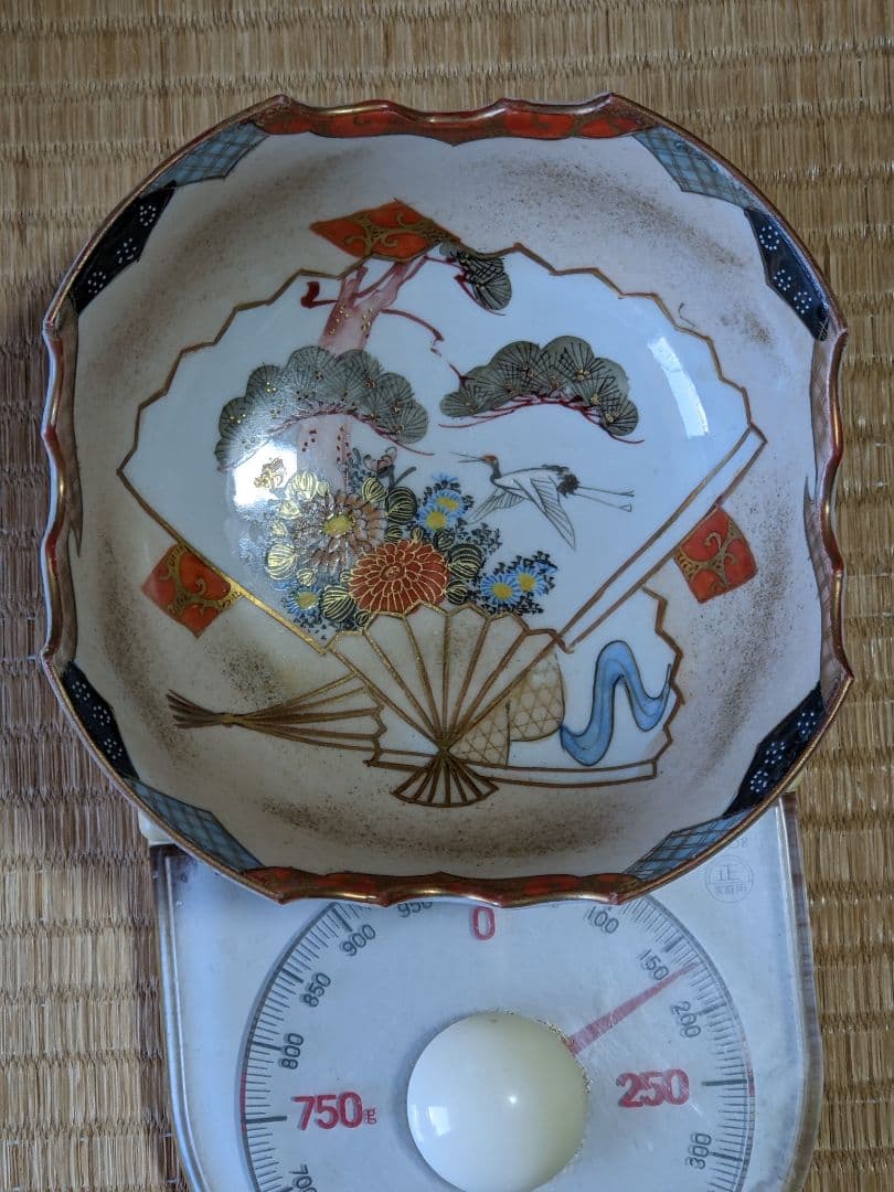 ♦九谷焼 明治時代 金彩色絵 団扇松鶴図 四方鉢 向付 茶道具 古美術 骨董品
