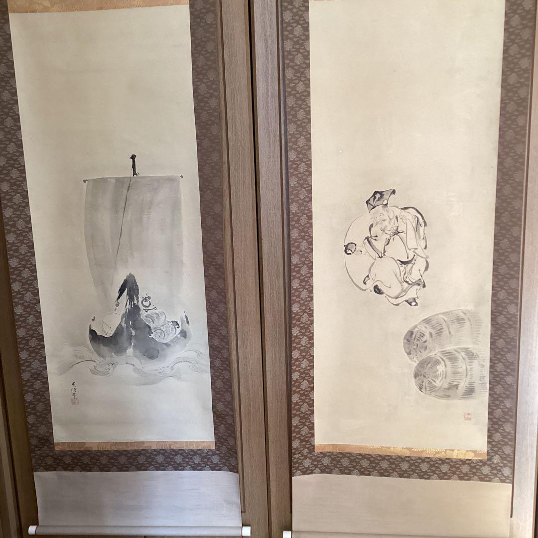 狩野周信　絹本水墨画双幅　【　恵比寿大黒　宝舟図　】　桐箱　タトウ箱　　586