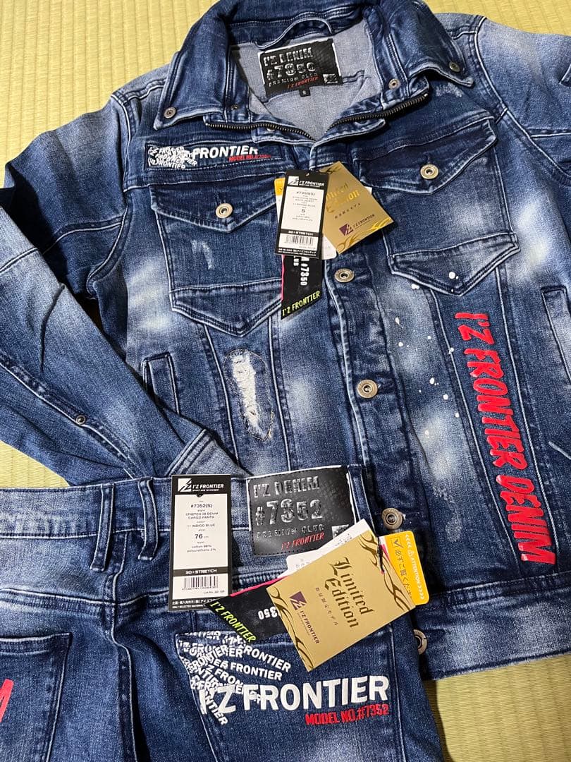 アイズフロンティア７３５０ＳデニムＧ　Ｓ寸カーゴパンツ７6cm上下組インディゴ