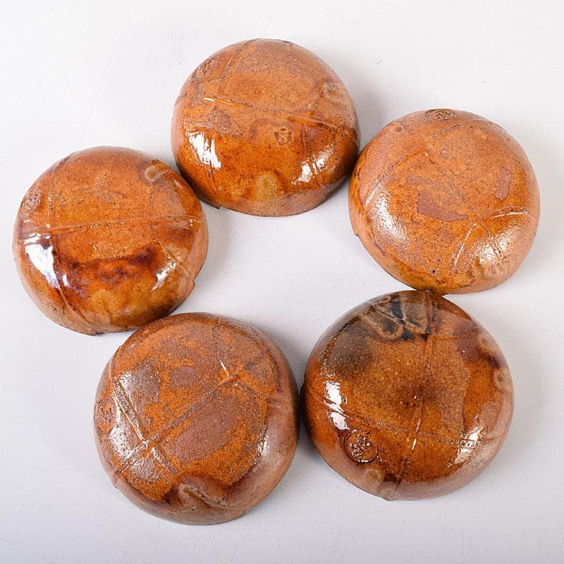 和食器　大樋焼　大樋長楽造　飴釉　柏葉　向皿　5客　共箱　M　R8141