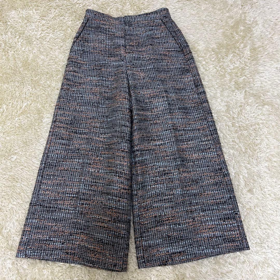 自由区 【洗える】エアリーツイードワイドクロップド パンツ Sサイズ