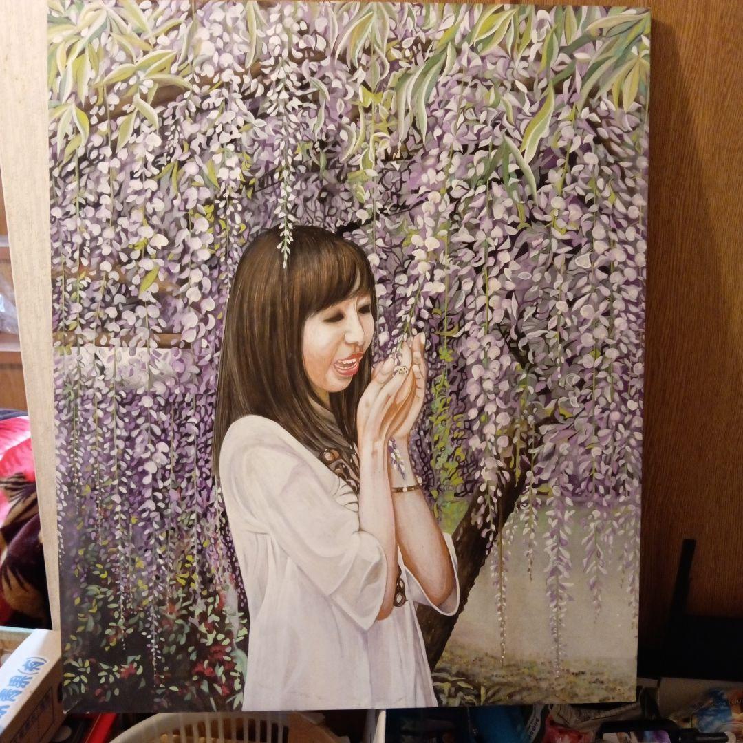 水彩画手描【藤の木の下で戯れる女性】縦７２X横幅６０センチみずみずしい木製パネル