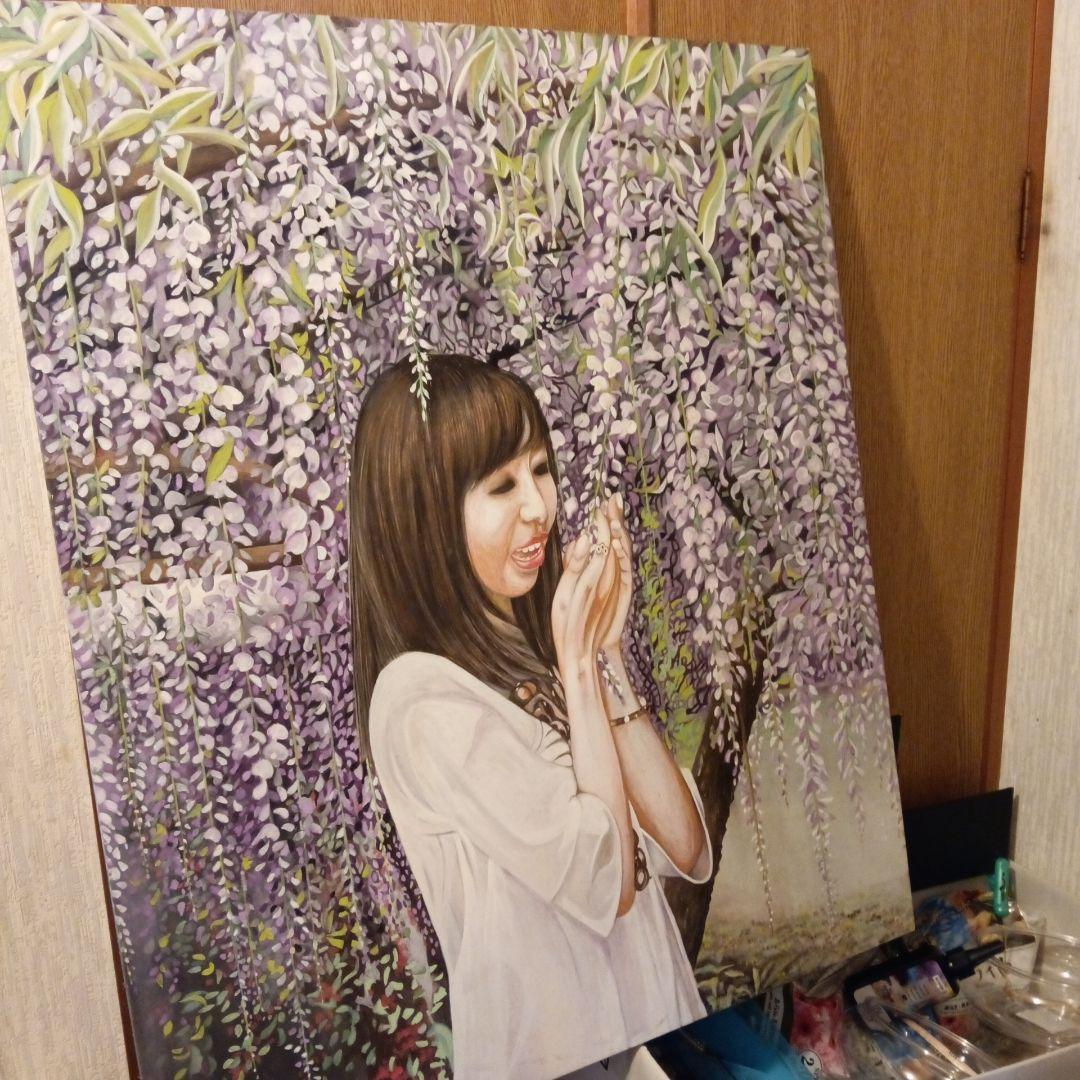 水彩画手描【藤の木の下で戯れる女性】縦７２X横幅６０センチみずみずしい木製パネル